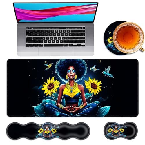 Large Mouse Pad and Keyboard Wrist Rest, Desk Pad for Keyboard and Mouse, 4-in-1 Large Gaming Mouse Pad with Wrist Support, Desk Mat for Home Office Study Game,Girl Sunflowers Hummingbirds - color: Girl Sunflowers Hummingbirds