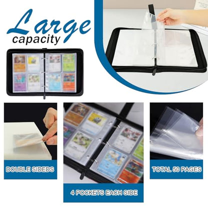 Card Binder 4 Pocket, Small Trading Card Binder holds 400 Card with 50 Removable Sleeves, Favourites Waterproof PU Album with Zipper for TCG, MTG, Gaming Football Sports Cards, Blue - color: Blue