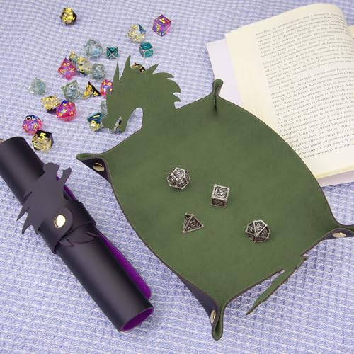 SIQUK 2 Pieces Dragon Dice Rolling Tray PU Leather Dice Mat Folding Scroll Dices Holder for D&D RPG Games (Dark Green, Violet) - color: Dark Green, Violet