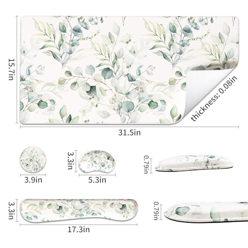 QIYI PU Leather Desk Mat Set, 4-in-1 Ergonomic Wrist Rest, Eucalyptus | Waterproof Large Mouse Pad 31.5×15.7 + Keyboard Wrist Rest + Mouse Wrist Support+Coaster, Non-Slip Office Gaming Accessories - color: Eucalyptus Branches