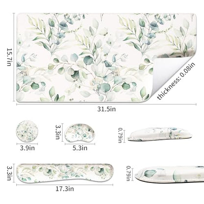 QIYI PU Leather Desk Mat Set, 4-in-1 Ergonomic Wrist Rest, Eucalyptus | Waterproof Large Mouse Pad 31.5×15.7 + Keyboard Wrist Rest + Mouse Wrist Support+Coaster, Non-Slip Office Gaming Accessories - color: Eucalyptus Branches