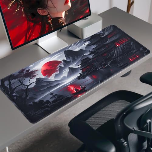 FreeNook Black Mouse Pad Gaming Keyboard Pad 35.4 x 15.7 in Computer Mouse Pad Anime Gaming Mousepad, Expanded Architecture Cool Desk Pad, Japanese Red Moon Large MousePads Suitable for Home Office - color: RedMoon, size: 35.4L x 15.7W inches