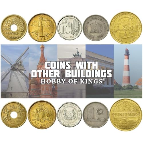 Historic Buildings Novelty Coin Collection - Lighthouses, Ports, Windmills, Skyscrapers, Airports, Houses, Gates, Monuments, Banks, Theaters - 5 Fantasy Coins - color: 5 Misc. Building Coins