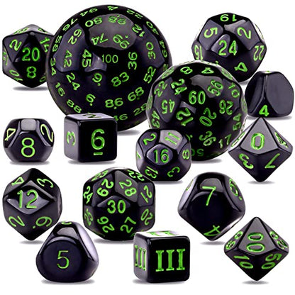 AUSTOR 15 Pieces Complete Polyhedral Dice Set D3-D100 Game Dice Set with a Leather Drawstring Storage Bag for Role Playing Table Games(Black & Green) - color: Black & Green
