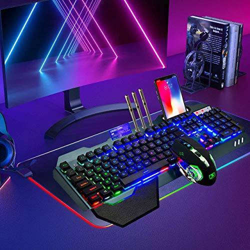 Wireless Gaming Keyboard Mouse & Mouse Pad Combo,3 in 1 Rainbow Backlit Rechargeable Keyboard with 3800mAh Battery Metal Panel Removable Hand Rest,RGB Gaming Mouse Pad(32.5x12 inch),Mute Gaming Mice - color: Rainbow