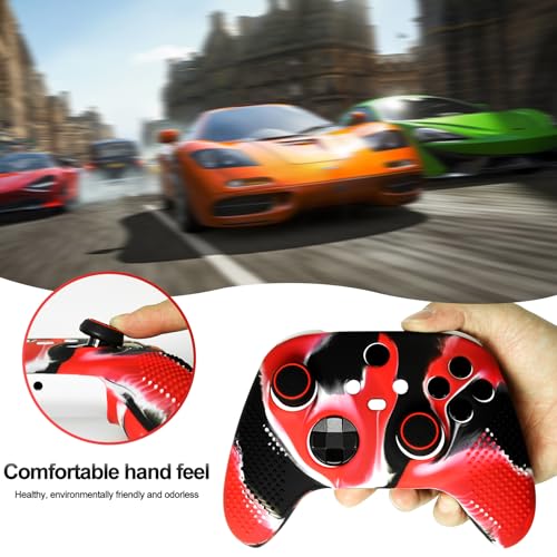 Anti-Slip Red Black Controller Skin,Studded Edition Protective Silicone Cover Skin Grips Compatible with Xbox Series X/S Controller and 6 PCS Thumb Grips Caps. - color: Red Black