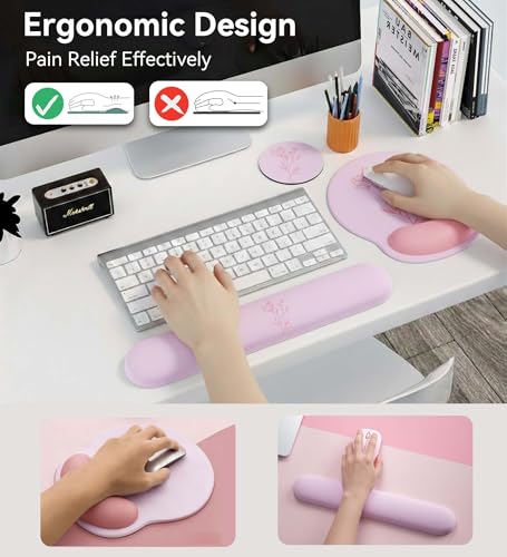 Mouse Pad with Keyboard Wrist Rest,Ergonomic Mouse Pad Wrist Support PU Base with Coaster,Mousepad with Nonslip Base for Computer Laptop Keyboard Home&Office - color: J-Pink Plants