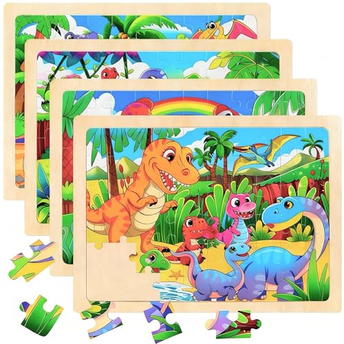 4 Packs 60 Piece Puzzles for Kids Ages 4-6, Wooden Animals Jigsaw Puzzles for Toddlers Age 4-8, Preschool Educational Puzzles Boards Toys, Brain Teaser Toys Gifts for 3 4 5 6 7 8 9 Boys Girls - style: Dinosaur