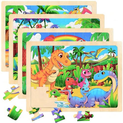 4 Packs 60 Piece Puzzles for Kids Ages 4-6, Wooden Animals Jigsaw Puzzles for Toddlers Age 4-8, Preschool Educational Puzzles Boards Toys, Brain Teaser Toys Gifts for 3 4 5 6 7 8 9 Boys Girls - style: Dinosaur