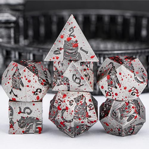 Metal DND Cat Dice Polyhedral RPG Dice Set with Gift Case for Dungeons Dragons Role Playing Game, 7PCS D and D Dice D6 D8 D10 D12 D20 D% (Blood) - color: Cat-ancient Silver+blood