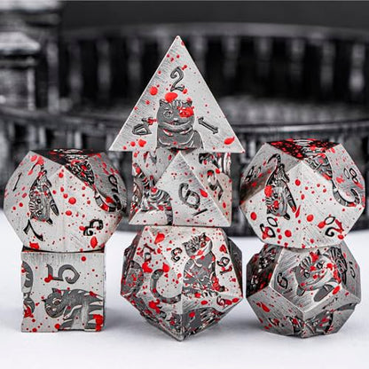 Metal DND Cat Dice Polyhedral RPG Dice Set with Gift Case for Dungeons Dragons Role Playing Game, 7PCS D and D Dice D6 D8 D10 D12 D20 D% (Blood) - color: Cat-ancient Silver+blood