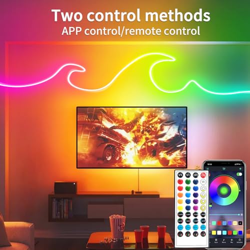 LED Neon Rope Lights 50FT,IP65 Waterproof LED Strip Lights,Music Sync LED Lights with Remote and APP Control, 24V RGB LED Rope Lights for Bedroom,Holiday Decoration（with Snap &Screws） | Music Sync LED Lights with Remote and APP Control, RGB LED Rope Light