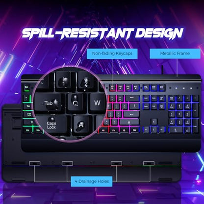 RisoPhy Gaming Keyboard, 104 Keys All-Metal Panel, Rainbow LED Backlit Silent Computer Keyboard, Wrist Rest, Multimedia Keys, Anti-Ghosting, Waterproof Light Up Wired Keyboard for PC Mac Gamer