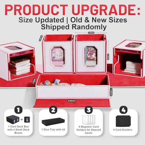 Trading Card Storage Box with Commander Display for MTG, TCG, Sports Cards, 5-in-1 Card Deck Box, Holds 450+ Double-Sleeved Cards, 4 Individual Deck Cases with Covers, Dice Tray & Magnetic Holders - color: White & Red