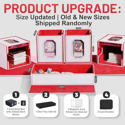 Trading Card Storage Box with Commander Display for MTG, TCG, Sports Cards, 5-in-1 Card Deck Box, Holds 450+ Double-Sleeved Cards, 4 Individual Deck Cases with Covers, Dice Tray & Magnetic Holders - color: White & Red
