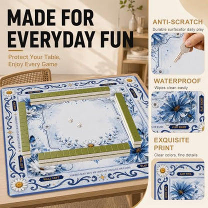 Blue White Daisy Butterfly Mahjong Mat for Table 31.5''x31.5'', Non-Slip Noise Reduction Mah Jongg Mats with Carrying Bag for American Mahjong, Poker, Board Games, Card Games & Dominoes - color: Blue White Daisy Butterfly