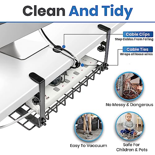 Under Desk Cable Management Tray, 16” No Drill Cord Organizer with Clamps for Wire Management, 4mm Sturdy Wire Desk Cable Organizer Tray, Cable Management Rack for Office