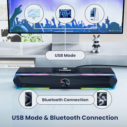 Tylubio Computer Speakers for PC Desktop, Flowing LED Under-Monitor Soundbar with Clear Stereo Sound, Bluetooth & USB 2-in-1 Audio Input, PC Speaker for Monitor Laptop, Black
