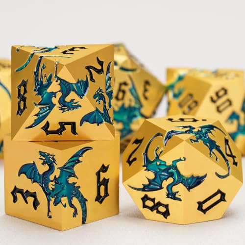Dungeons and Dragons Dice D&D Metallic Dragon Sharp Edged Dice Set with Box, Polyhedral DND Role Playing Game D and D Dice Set D20 D12 D10 D8 D6 D4 Pearl Gold Blue - color: Dragon-pearl Gold Blue