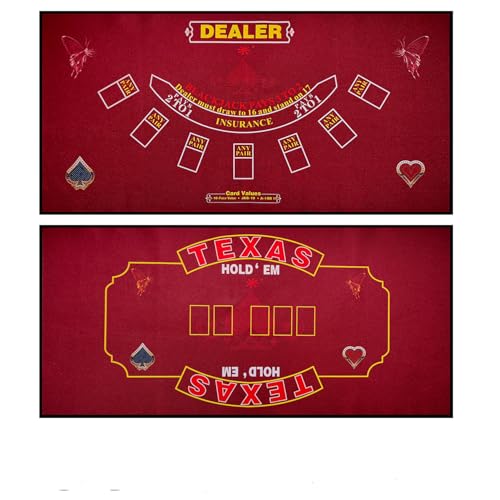 2-in-1 Casino Night Poker Mat, 36"x72" Double-Sided Texas Hold'em & Blackjack Felt Table Cover, Non-Slip Steel Clamps Included, Perfect for Game Night, Home & Casino Parties - color: Red