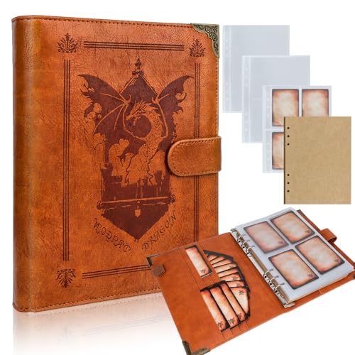 Byhoo DND Spell Cards 5e PU Leather Spellbook for Dungeons & Dragons notebook with 30 Sleeves for Spell Cards Writable Pages and Magnetic Closure A Must-Have for RPG & Board Games for Every Adventurer - color: Cognac