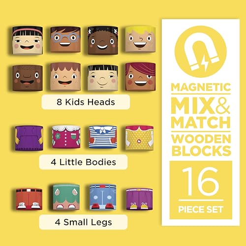16-Piece Magnetic Wooden Friends Set, Diversity Dolls | Diversity toys for preschool and child care, multicultural friends in four skin tones, mix and match heads, bodies and legs - size: 16 Piece Set