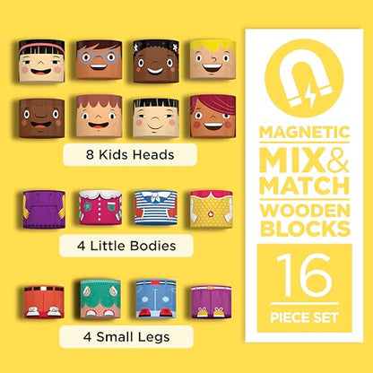 16-Piece Magnetic Wooden Friends Set, Diversity Dolls | Diversity toys for preschool and child care, multicultural friends in four skin tones, mix and match heads, bodies and legs - size: 16 Piece Set