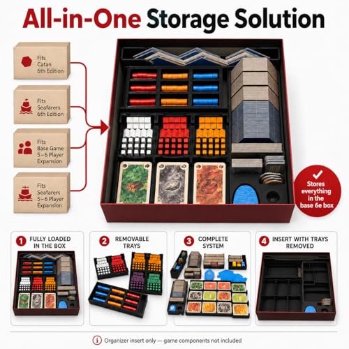 Organizer Insert Compatible with Catan 6th Edition, Seafarers 6e & 5-6 Player Expansions, All-in-One Storage with Removable Trays, Black (Catan 6e, Seafarers 6e & 5-6 Player Expansions)