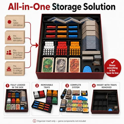 Organizer Insert Compatible with Catan 6th Edition, Seafarers 6e & 5-6 Player Expansions, All-in-One Storage with Removable Trays, Black (Catan 6e, Seafarers 6e & 5-6 Player Expansions)