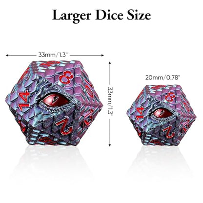 33mm Dragon Scale Dice,Dragon Eye Metal Dice with Gift Metal Box for TTRPG Tabletop Gaming,Dungeon Masters,RPG Adventures(Blue Purple & Red Eye)
