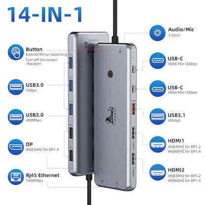 13 in 1 USB C Docking Station - Dual Monitor, Triple Display, 8 USB C/A Ports, Ethernet, Audio - LIONWEI USB C Hub for MacBook,Dell,HP,Lenovo,Surface - color: 13-in-1 Docking Station (USB C)