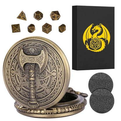 Mini DND Dice Set with Steampunk Barbarian Axe Pocket Watch Shell Case, 7pcs Polyhedral Metal DND Dice Set, D&D Gifts with Gift Box, Role Playing Board Games DND Accessories, Bronze - color: Bronze