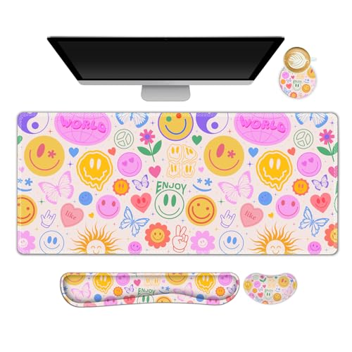 Large Gaming Mouse Pad Set, 4 in 1 Extended Keyboard Desk Mat with Wrist Rest, PC Computer Game Mousepad Set, Non-Slip Desk Pad Protector Easy Typing Pain Relief for Home Office I Hippie Smile - color: Hippie Smile