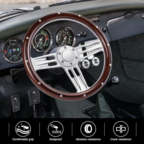 Billet Wooden Racing Steering Wheel, 6 Hole Steering Wheel with Horn Buttons 3 Spoke for Rally/Motorsport/Car Simulator Driving