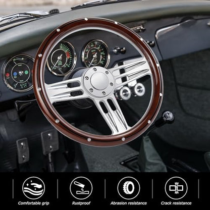 Billet Wooden Racing Steering Wheel, 6 Hole Steering Wheel with Horn Buttons 3 Spoke for Rally/Motorsport/Car Simulator Driving