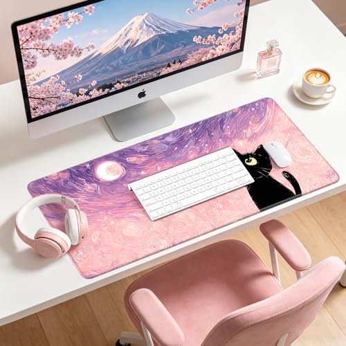 Large Gaming Mouse Pad, XL Desk Protector, Non-Slip Base | 31.5x15.7 in Extended Desk Mat with Stitched Edges for Keyboard, Work, Game, Office, Home PC and Laptop - color: Starry Cat