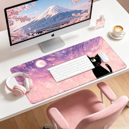 Large Gaming Mouse Pad, XL Desk Protector, Non-Slip Base | 31.5x15.7 in Extended Desk Mat with Stitched Edges for Keyboard, Work, Game, Office, Home PC and Laptop - color: Starry Cat