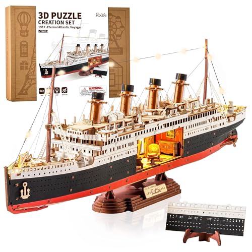 Rolife 3D Wooden Puzzles for Adults with LED Lights, 433 Pieces 19.5" Titanic Model Ship Kits for Adults, DIY Craft for Home Decor & Unique Birthday Valentine's Day Gift