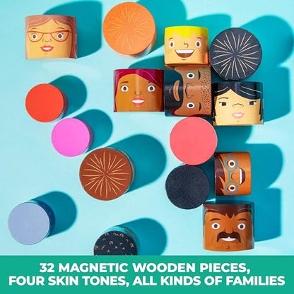 32-Piece Magnetic Wooden Figures, Adults and Kids | Multicultural family set, adult and child pieces in four skin tones, toddler diversity toys for preschool and child care - size: 32 Piece Set