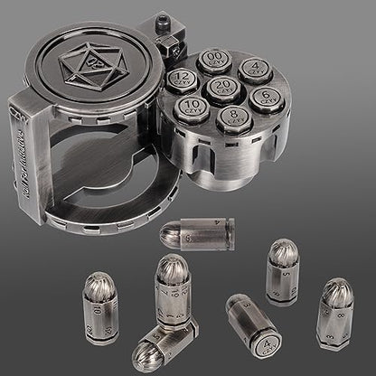 CZYY Metal Polyhedral Bullet Dice Set with Spinning Revolver Cylinder Case | Complete 7-Dice Set, Solid Metal, RPG Fidget Tool, Accessories for DND, Sci-Fi, Western & Tabletop Game Themes, Silver - color: Silver