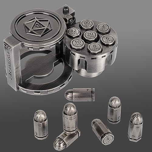 CZYY Metal Polyhedral Bullet Dice Set with Spinning Revolver Cylinder Case | Complete 7-Dice Set, Solid Metal, RPG Fidget Tool, Accessories for DND, Sci-Fi, Western & Tabletop Game Themes, Silver - color: Silver