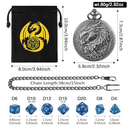 Mini DND Dice Set, 7-Piece Polyhedral Acrylic D&D Dice, with Steampunk Dragon Large Pocket Watch Case, DND Gift Bag with Dragon Logo, Role Play Board Game Accessories, Dark Silver + Blue - color: Silver + Blue