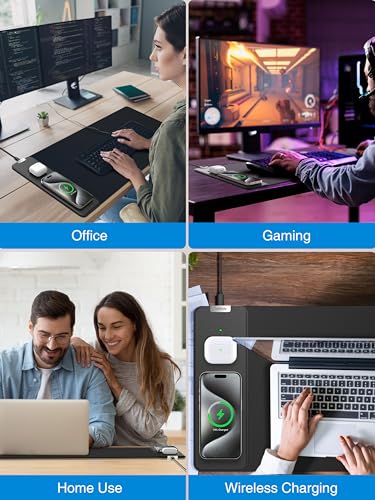 TopMade Mouse Pad with 15W Fast Wireless Charging, 31.5"x11.81" XL Large Gaming Mousepad, Waterproof Desk Pad, Classic Black Computer Desk Mat(Includes 20W PD Power Adapter & 6.56ft Woven Cable) - color: Black-31.5"x11.8"-with Adapter