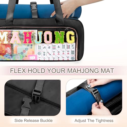 Yarwo 3 PCS Mahjong Bag Empty, Clear American Mahjong Tiles & Rack Bags Set | Zippered Game Storage with Mahjong Mat Strap and Sewn Chenille Letter for Mahjong Tiles, Racks & Pushers, Case Only, Black - color: Black