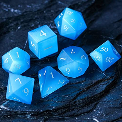 UDIXI Gemstone DND Dice Blue Cat's Eye Stone D&D Dice Set for Tabletop Game | Natural Stone, Premium Gift Box, DM Gift, for Dungeons and Dragons Role Playing Games - color: Blue Cat's Eye