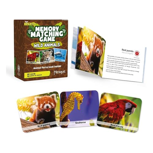 Menique Wild Animals Memory Matching Game – 80 Cards (40 Pairs) with Real Photos – Includes Educational Booklet with Animal Facts – Fun & Cognitive Game for Kids and Adults