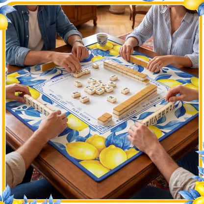Blue and Yellow Summer Mahjong Mat with Rules 31.5" x 31.5" Non-Slip Noise Reduction Gaming Mat with Carrying Bag American Mahjong Table Cover for Poker Board Card Games Dominoes - style: Blue Willow Lemon