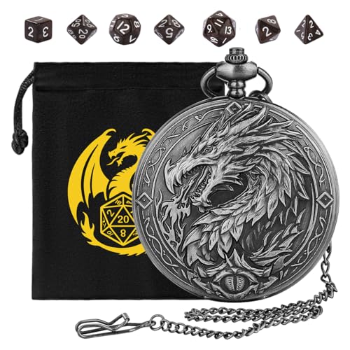 Mini DND Dice Set, 7-Piece Polyhedral Acrylic D&D Dice, with Steampunk Dragon Large Pocket Watch Case, DND Gift Bag with Dragon Logo, Role Play Board Game Accessories, Dark Silver + Brown - color: Silver + Brown