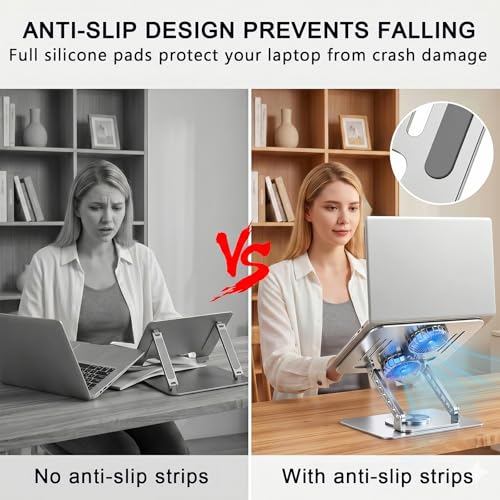 Laptop Stand with Cooling Fan, 360 Rotating Base Aluminum Laptop Riser, Foldable Ergonomic Computer Stand for Desk, Height Adjustable Notebook for All Laptops up to 17.3" (Silver) - color: Silver