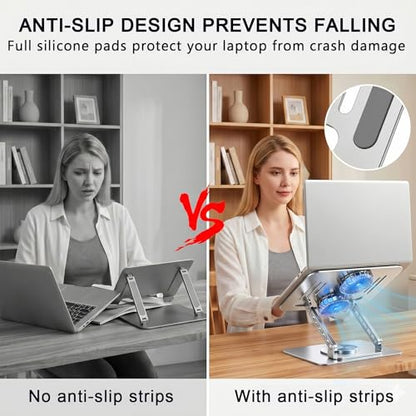 Laptop Stand with Cooling Fan, 360 Rotating Base Aluminum Laptop Riser, Foldable Ergonomic Computer Stand for Desk, Height Adjustable Notebook for All Laptops up to 17.3" (Silver) - color: Silver